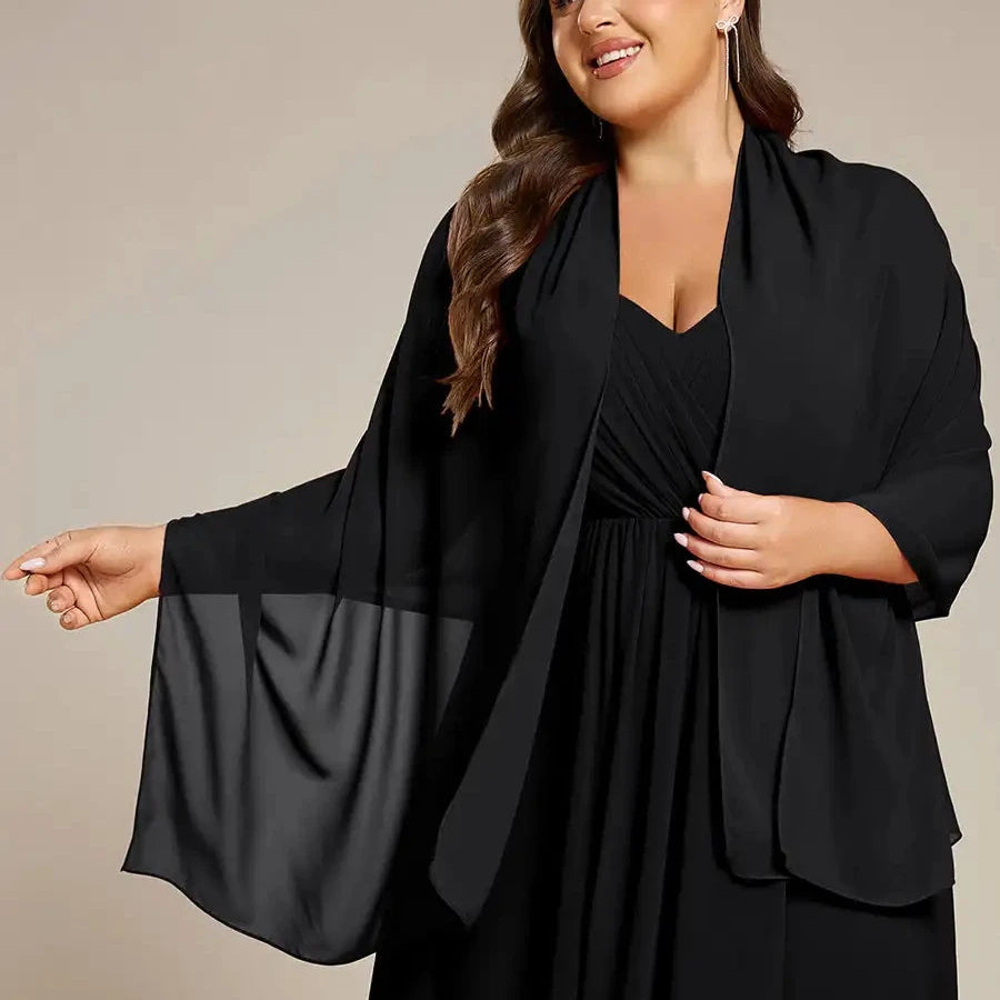 Chiffon shoulder wrap evening shawl in black, draped open-front design
