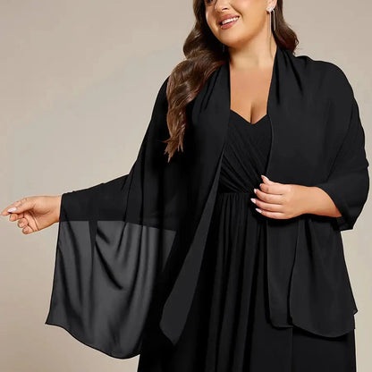 Chiffon shoulder wrap evening shawl in black, draped open-front design