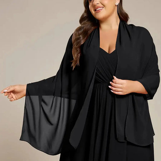 Chiffon shoulder wrap evening shawl in black, draped open-front design