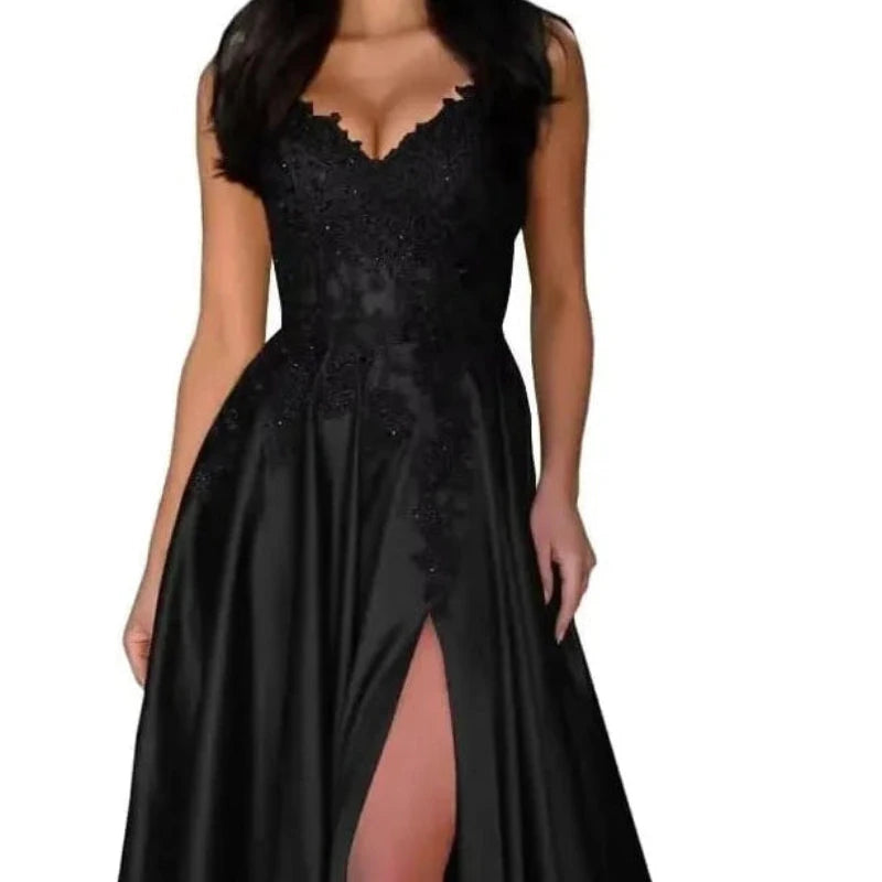 Black satin evening dress with lace V-neck, spaghetti straps, A-line skirt, front slit