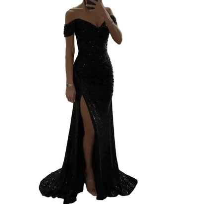 Black off-shoulder sequin mermaid formal dress with thigh-high front slit