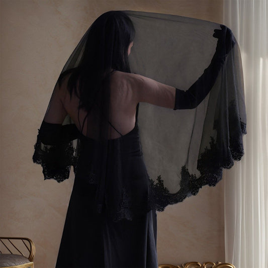 Black short bridal veil with scalloped lace trim and sheer tulle edge