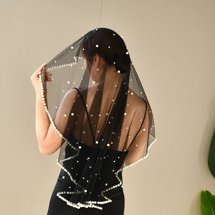 Black short veil with long pearl fringe and bead-studded mesh, shoulder length