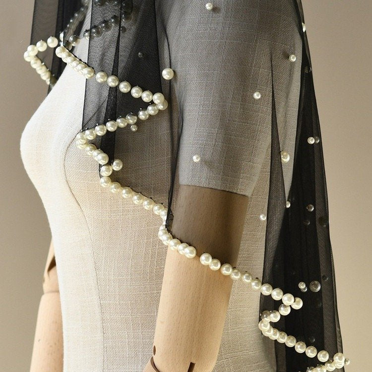 Black short veil with pearl fringe and dotted bead details along the edge