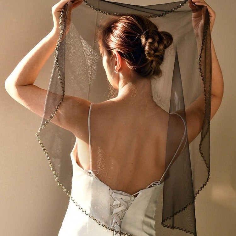 Black short bridal veil head cover with beaded edge, open drape at back
