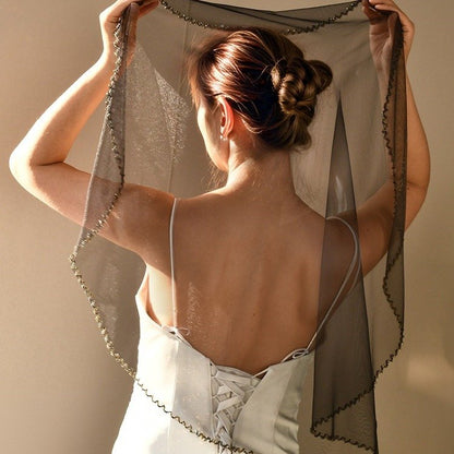Black short bridal veil head cover with beaded edge, open drape at back