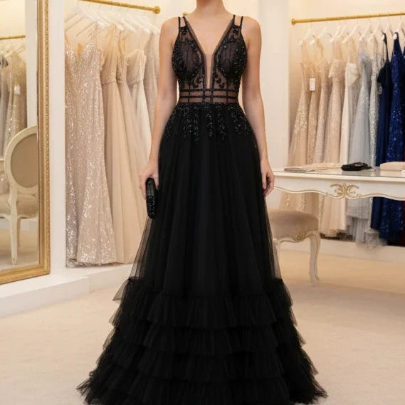 Black A-line evening dress, sheer lace bodice, deep V neck, tiered ruffles