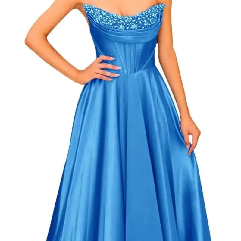 Blue strapless satin A-line evening gown with beaded neckline and gathered bodice