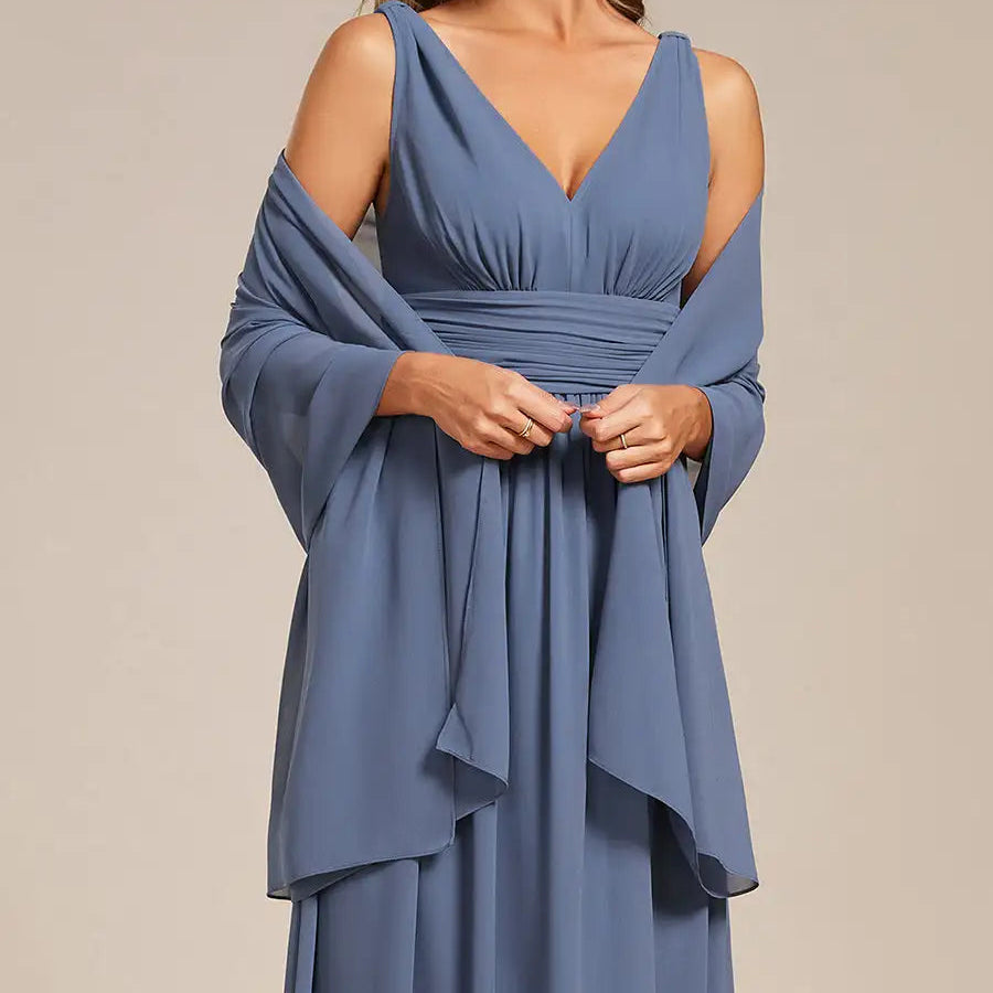 Chiffon shoulder wrap evening shawl in dusty blue, draped open-front design