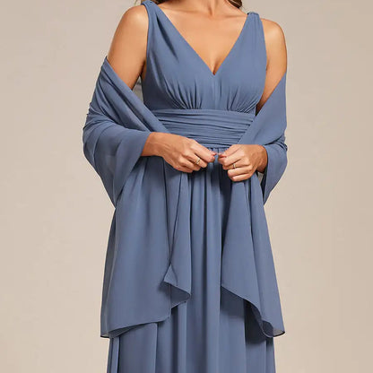 Chiffon shoulder wrap evening shawl in dusty blue, draped open-front design