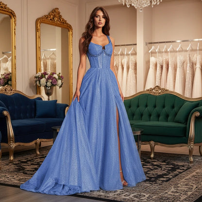 Blue glitter tulle formal dress with wide straps, corset bodice, A-line skirt
