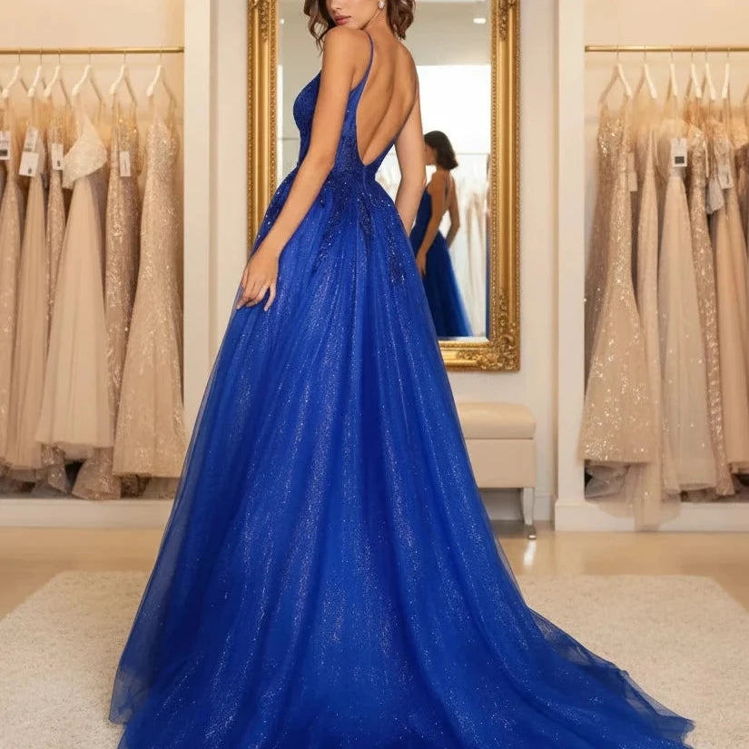 Blue glitter tulle formal dress, open back with thin straps and full A-line skirt