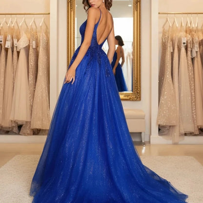 Blue glitter tulle formal dress, open back with thin straps and full A-line skirt