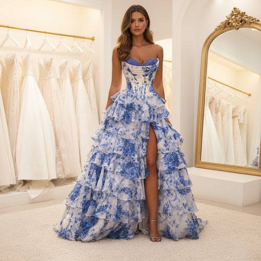 Blue strapless floral ruffle evening dress with tiered skirt and side slit