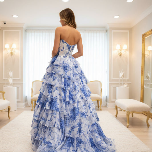Strapless floral corset-style evening dress with layered ruffle skirt