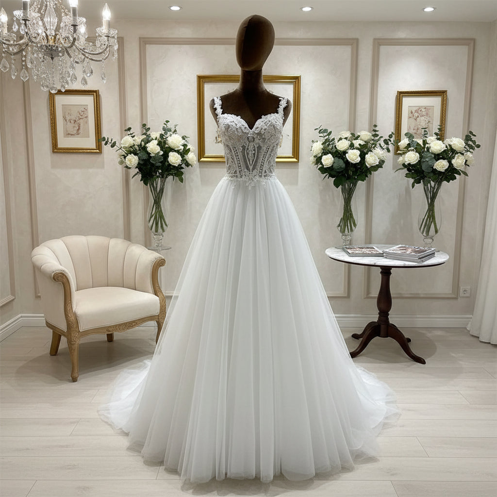 Ivory A-line wedding dress with lace illusion neckline and embroidered bodice, tulle skirt