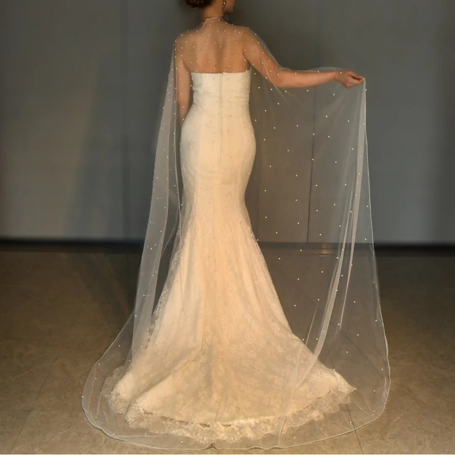 Bridal shawl cape in sheer voile with pearl beaded dots, open back drape