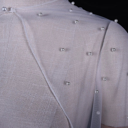 Sheer bridal cape panel with scattered pearl beads and draped tulle band