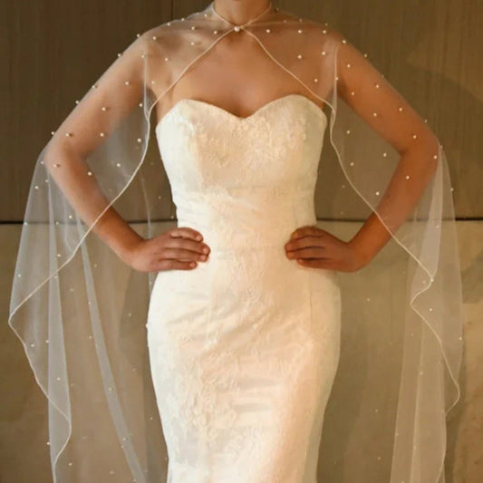 Ivory beaded pearl bridal bolero cape shawl with sheer drape and pearl accents