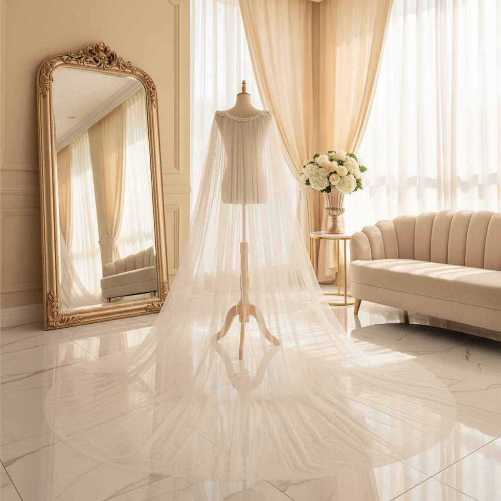 Ivory bridal cape veil with layered tulle and long flowing train