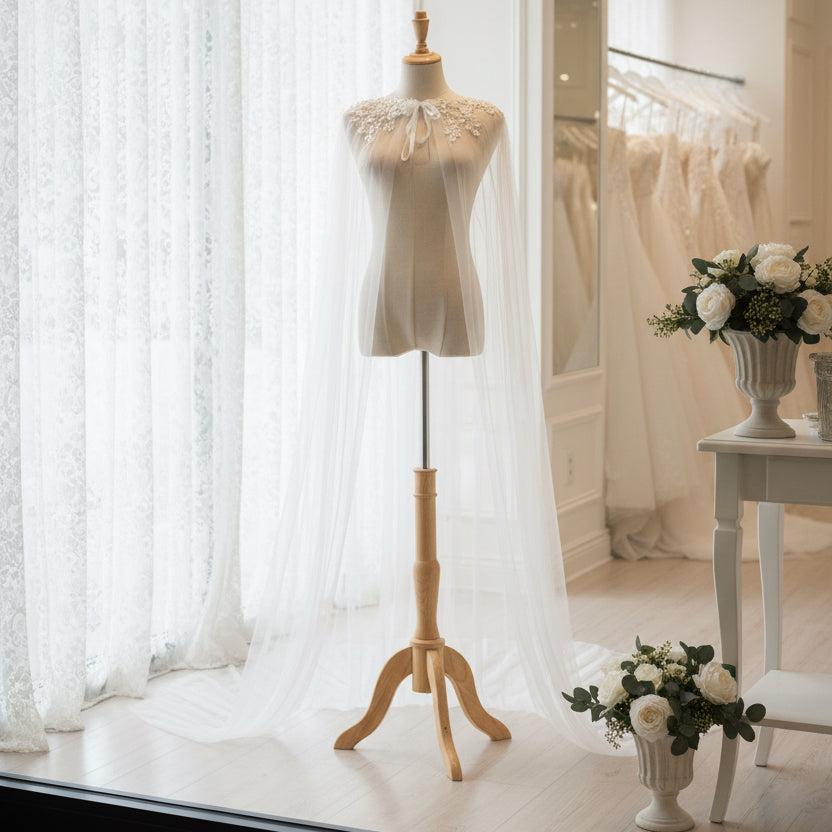 Ivory bridal cape veil with sheer tulle drape and floral crystal trim