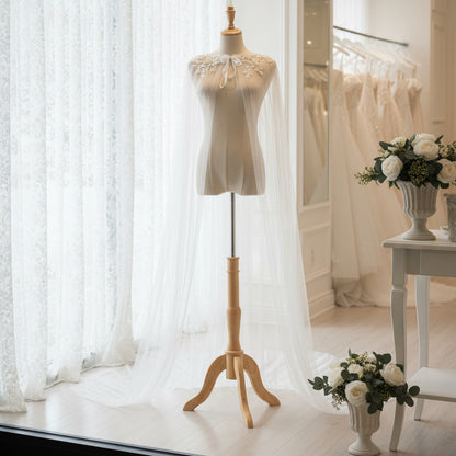 Ivory bridal cape veil with sheer tulle drape and floral crystal trim