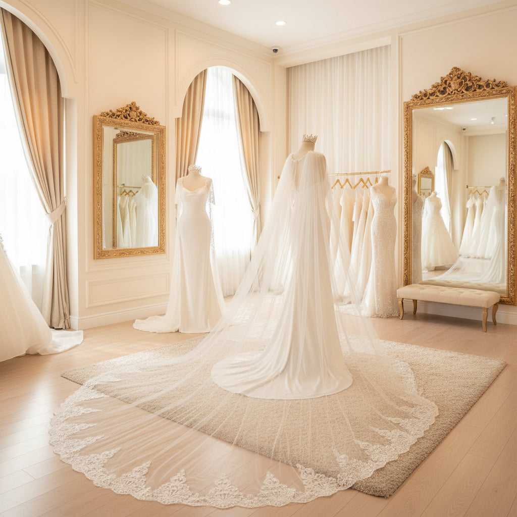 Bridal shoulder cape veil with flowing sheer tulle and scalloped lace applique trim