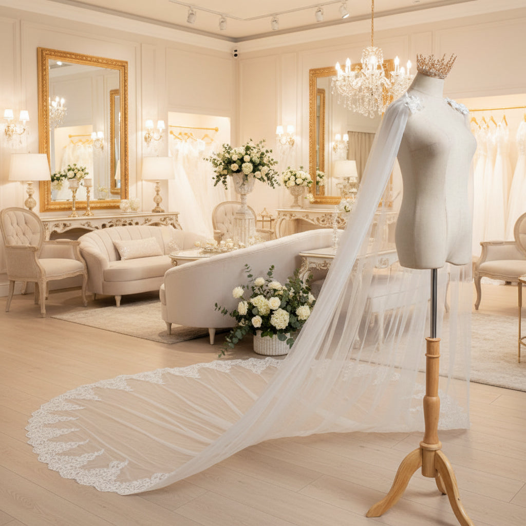 Bridal shoulder cape veil in sheer tulle with lace appliques and long draped train