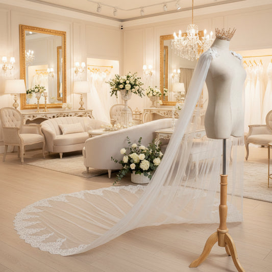 Bridal shoulder cape veil in sheer tulle with lace appliques and long draped train