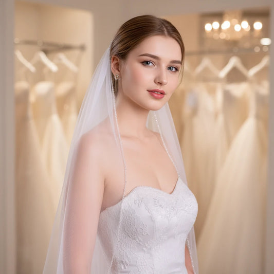 Bridal soft tulle veil with crystal beaded edge, draped over shoulders