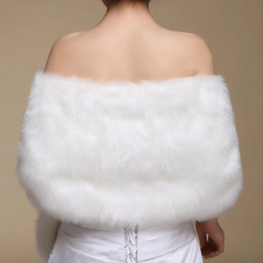 Off-white faux fur shoulder wrap with wide collar, draped over the shoulders