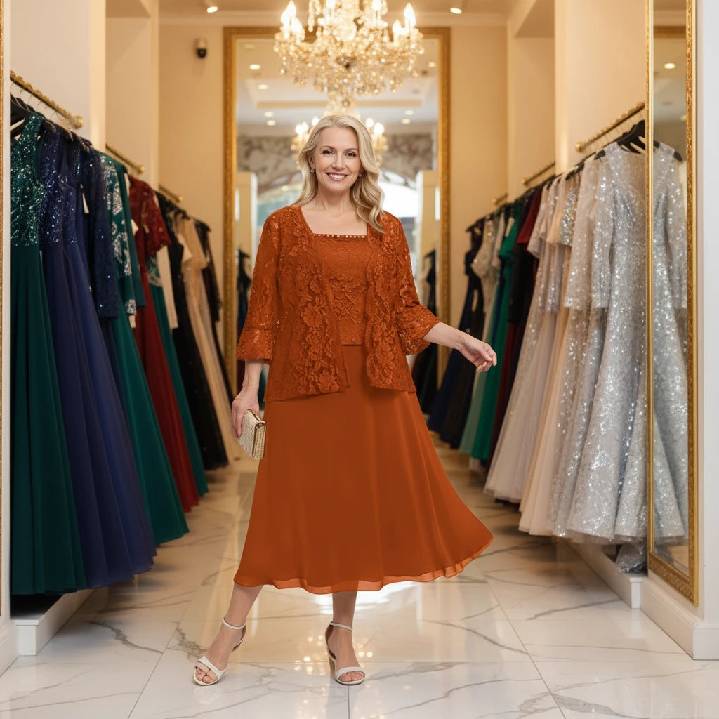 Burnt orange two-piece dress set with lace overlay top and A-line chiffon midi skirt