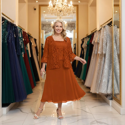 Burnt orange two-piece dress set with lace overlay top and A-line chiffon midi skirt