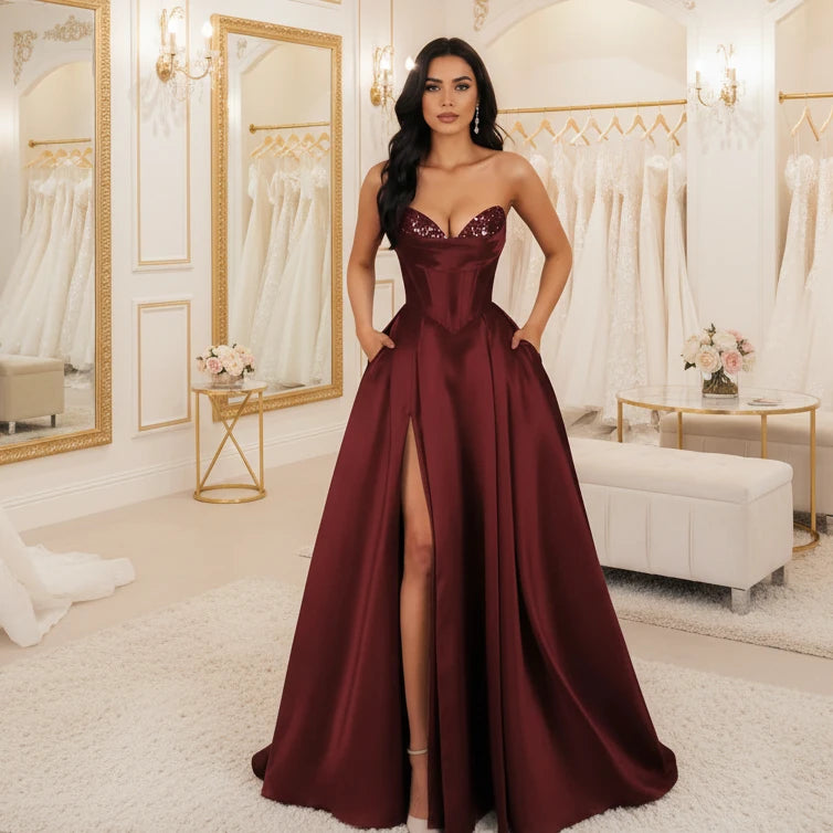 Burgundy strapless A-line satin dress with sequin bust and thigh-high slit