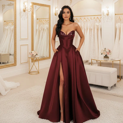 Burgundy strapless A-line satin dress with sequin bust and thigh-high slit