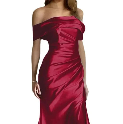 Burgundy red off-shoulder satin mermaid formal dress with ruched bodice