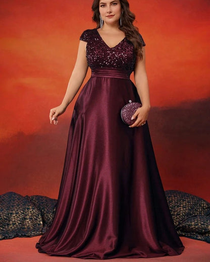 Burgundy evening dress, V-neck cap sleeves, sequined bodice, satin A-line skirt