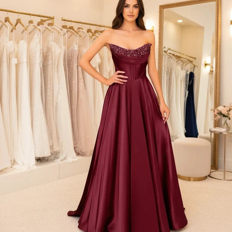 Burgundy strapless beaded satin A-line evening gown with sparkling neckline