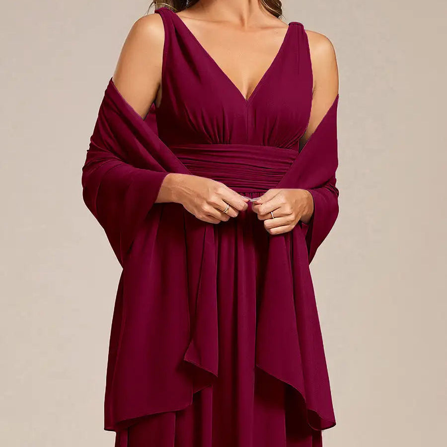 Chiffon shoulder wrap evening shawl in dark purple, draped open-front design
