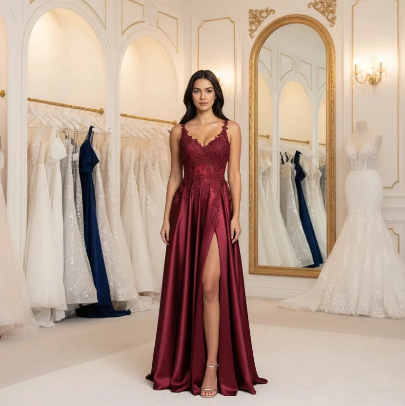 Burgundy satin evening dress with lace V-neck, spaghetti straps, A-line skirt, slit