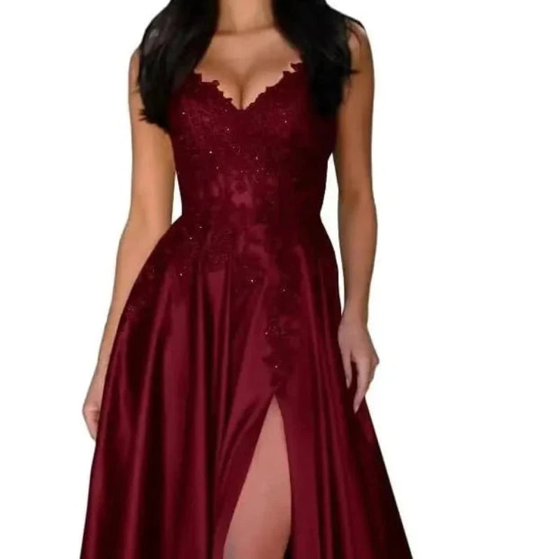 Burgundy satin evening dress with lace V-neck, spaghetti straps, A-line skirt, front slit