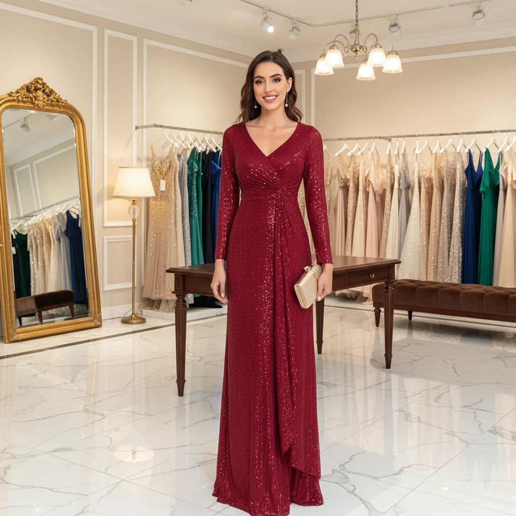 Burgundy sequin maxi dress with long sleeves, V-neck, and side drape
