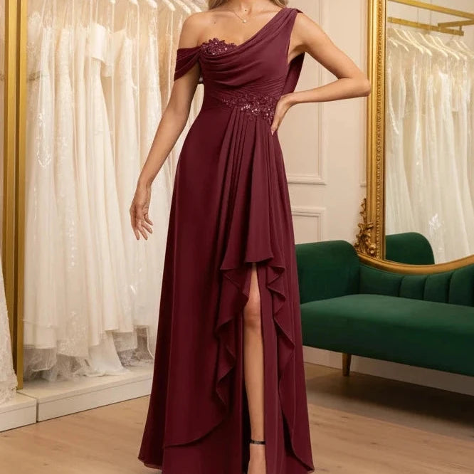 Burgundy chiffon one-shoulder A-line dress with draped bodice, beaded detail, and side slit