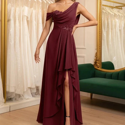 Burgundy chiffon one-shoulder A-line dress with draped bodice, beaded detail, and side slit