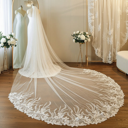 Ivory cathedral wedding veil with single-tier sheer tulle and scalloped lace trim