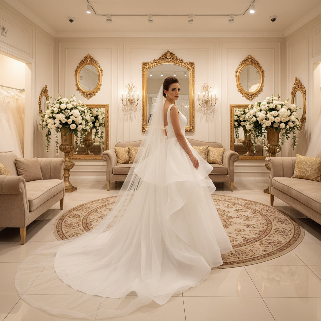 Cathedral bridal veil in white sheer tulle, plain cut edge, side drape