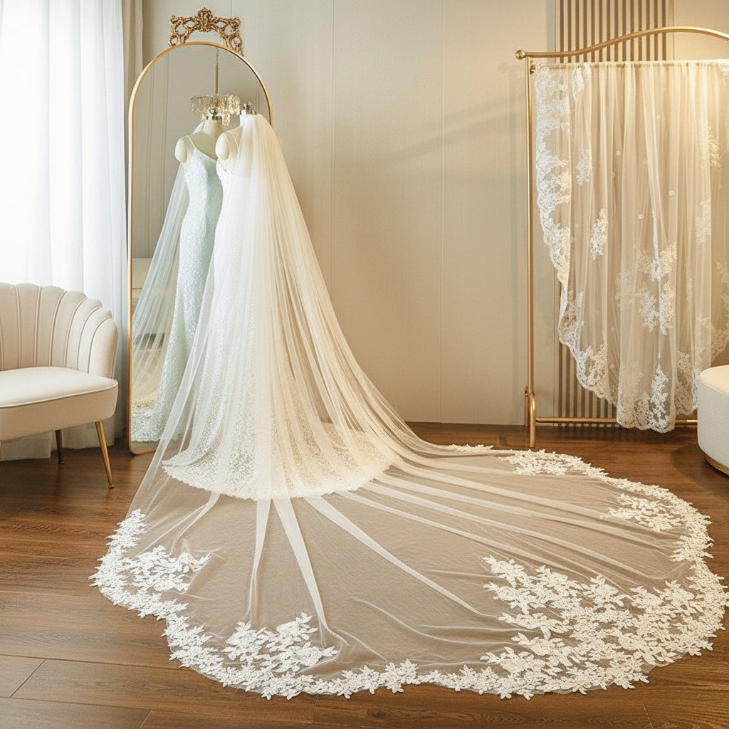 Ivory cathedral veil with petal-shaped tulle and lace scalloped edge, long train