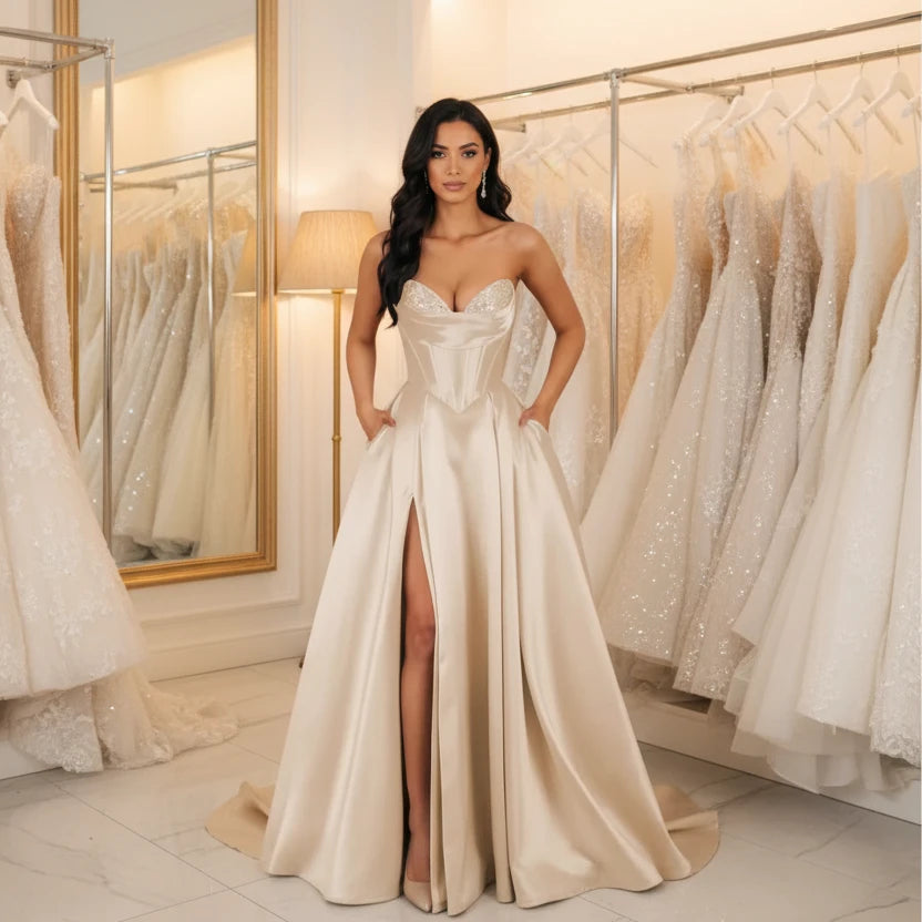 Champagne strapless A-line satin dress with sequin bust and thigh-high slit