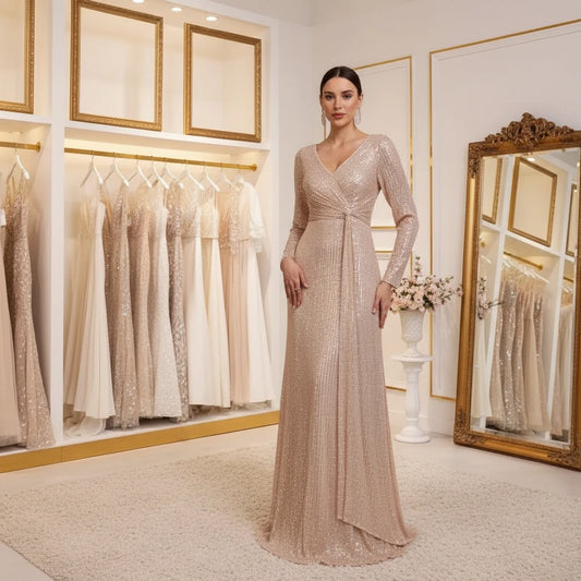 Silver sequin maxi dress with long sleeves, V-neck, and fitted ruched waist