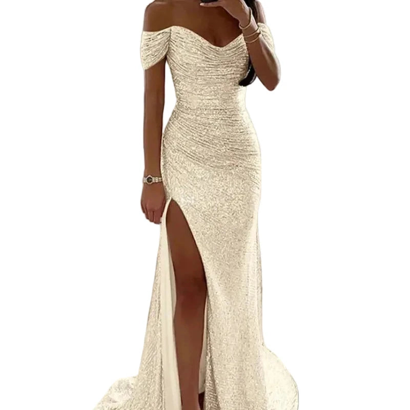 Off-shoulder sequin mermaid formal dress, sweetheart neckline, front slit; ivory.